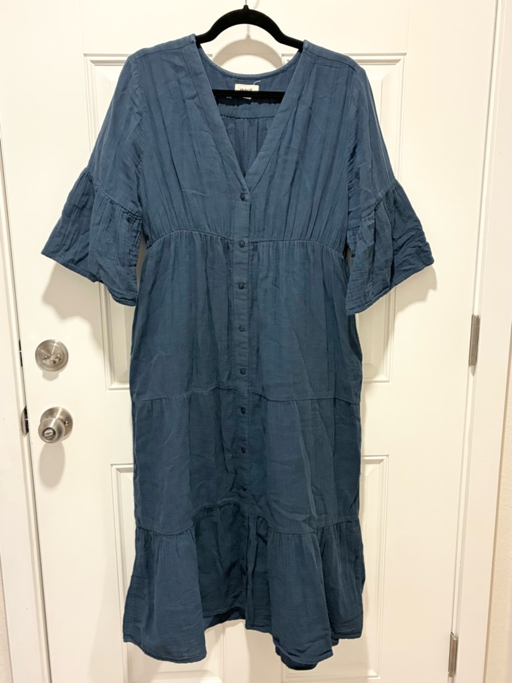 PACT Blue Button Front Tiered Midi Dress - Size: M